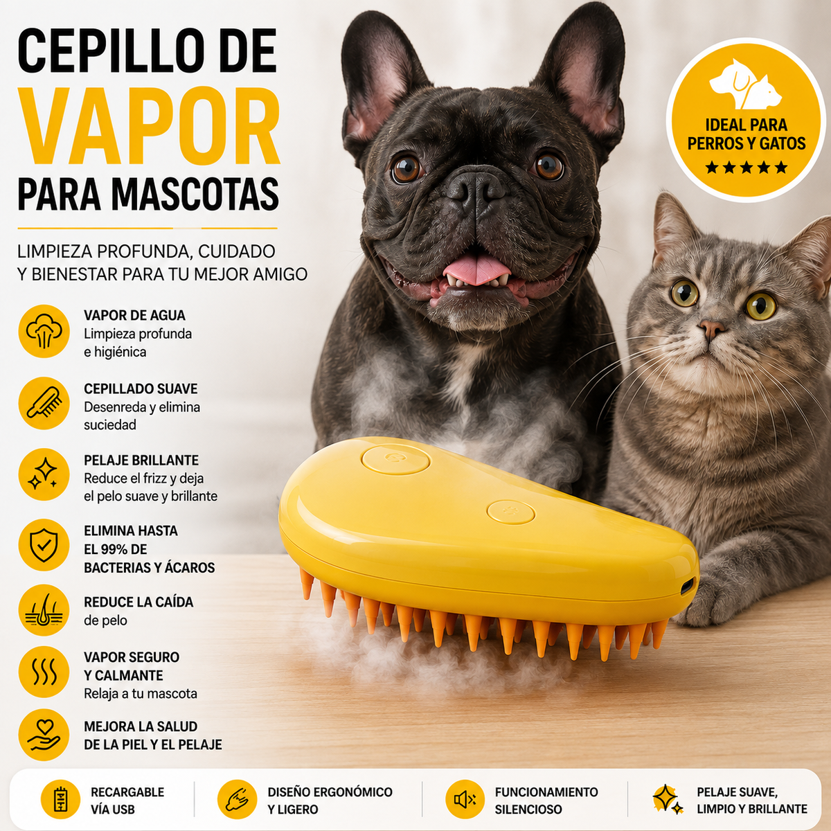 Cepillo Vapor 3 en 1 para Mascotas | Elimina Pelo y Masajea 🐾